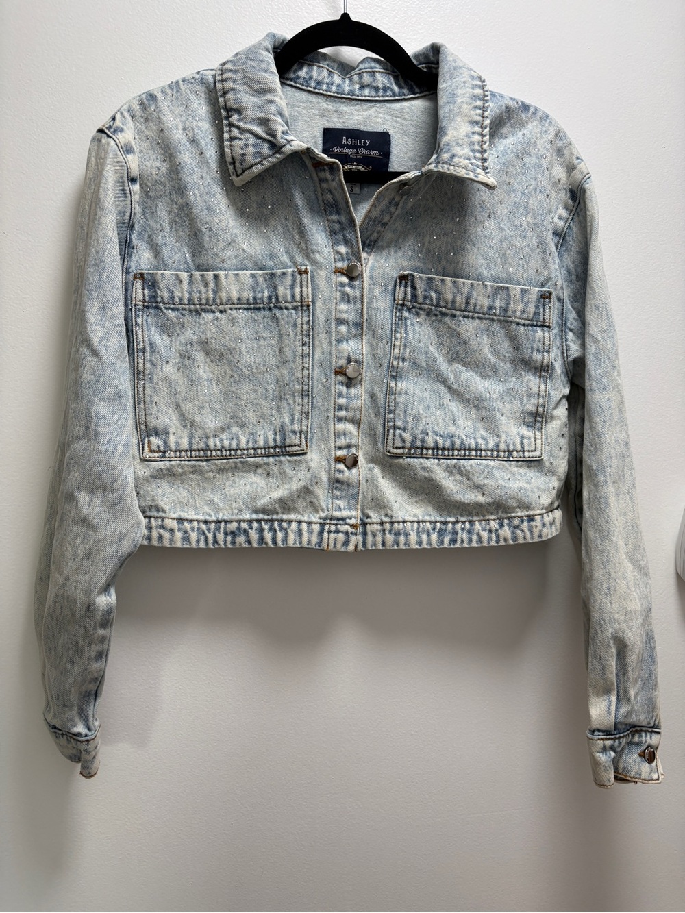 Ashley By 26 International Cropped Acid Wash Denim Jacket - Rhinestone Flare